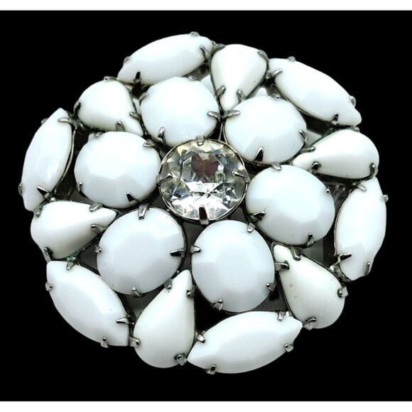 Vintage Jewelry - Vintage Rhinestone Brooch Opaque White and Clear Flower Pin Jewelry